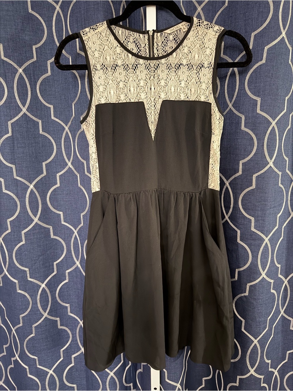 RACHEL Rachel Roy Black and Cream Lace Yoke Fit-and-Flare Dress H13